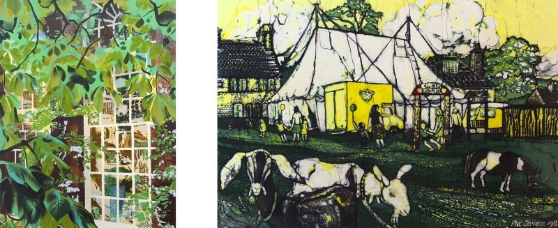 Brendan Neiland, Alices Garden, Christchurch (left). Pat Savage, Travelling Circus on Chipstead Common, 1981 (right). Part of the Paintings in Hospitals collection.