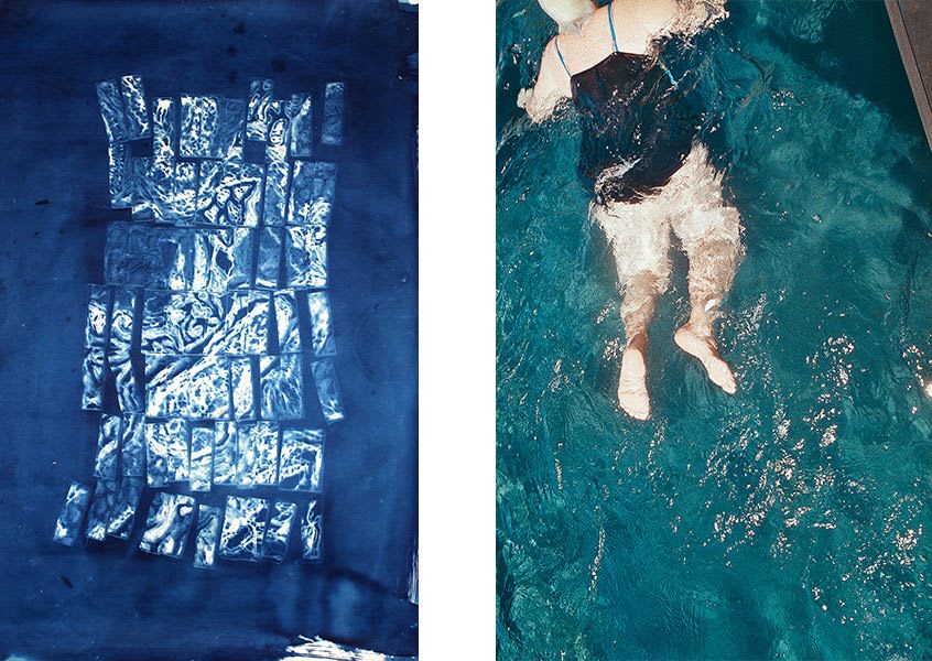 'Cyanotype B' by Jess Reeves (left) and '100 Lengths' by Kate Wixley. Part of the Bathed in Blue exhibition.