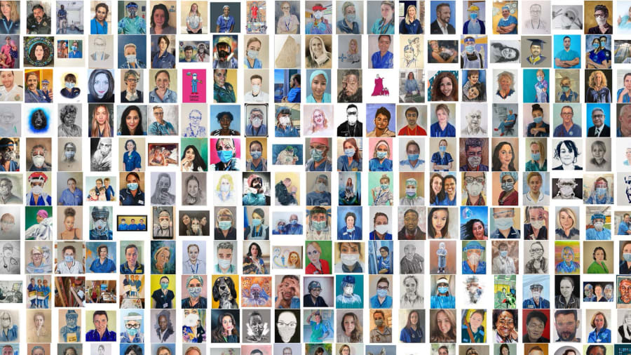 A selection of artwork images from ‘Healthcare Heroes’ exhibition, a collaboration between Paintings in Hospitals and artist Tom Croft launching 20th August 2020 on Google Arts & Culture.