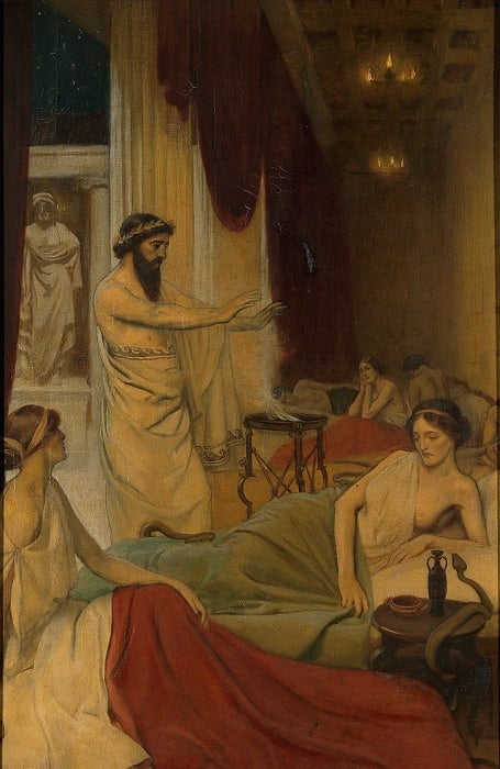 Patients sleeping in the temple of Aesculapius at Epidaurus. Oil painting by Ernest Board. Credit: Wellcome Collection.
